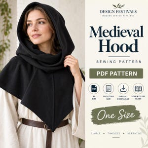 Może przedstawiać: Wykrój krawiecki na średniowieczny kaptur o nazwie Medieval Hood od Design Festivals. Cyfrowy plik PDF zawiera formaty A4 i US Letter, natychmiastowe pobieranie oraz instrukcję krok po kroku. Rozmiar uniwersalny, prosty i wszechstronny projekt.
