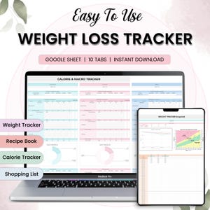 Weight Loss Tracker Google Sheet Fitness Planner spreadsheet Calorie Macro meal Tracker Daily Weekly Diet Weigh-in Chart food weight journal
