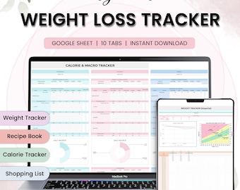 May include: A laptop and tablet displaying a weight loss tracker. The laptop screen shows a calorie and macro tracker, while the tablet displays a weight tracker. Text includes "Easy To Use Weight Loss Tracker" and "Google Sheet | 10 Tabs | Instant Download."