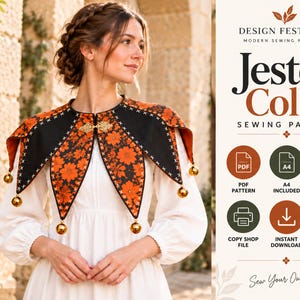 May include: A jester collar sewing pattern by Design Festivals featuring a black and orange floral fabric with gold bells at the points. The digital product includes a PDF pattern, A4 and US letter formats, a copy shop file, and a step-by-step guide.