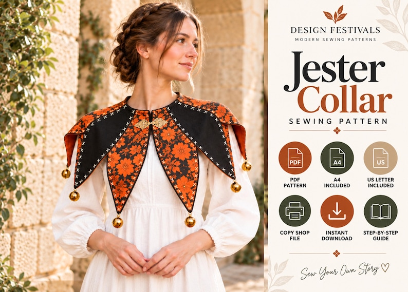 May include: A jester collar sewing pattern by Design Festivals featuring a black and orange floral fabric with gold bells at the points. The digital product includes a PDF pattern, A4 and US letter formats, a copy shop file, and a step-by-step guide.
