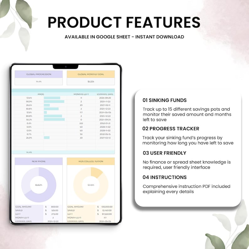 May include: A digital product features a tablet displaying a financial tracking spreadsheet. The text "PRODUCT FEATURES" and "AVAILABLE IN GOOGLE SHEET - INSTANT DOWNLOAD" are at the top. Additional text describes sinking funds, progress tracking, and user-friendly features.