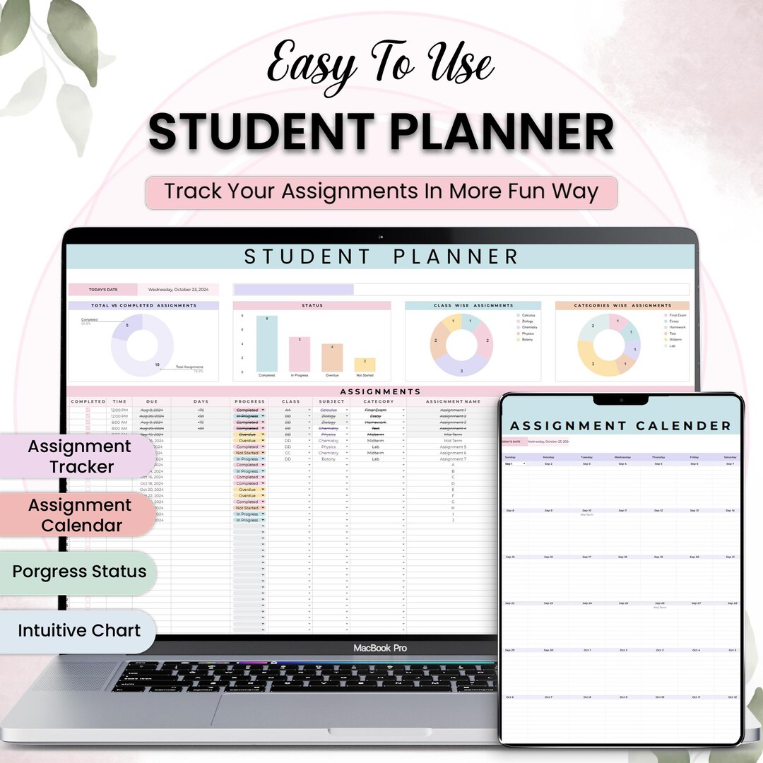 Student Planner W/ Assignment Tracker Google Spreadsheet College ...