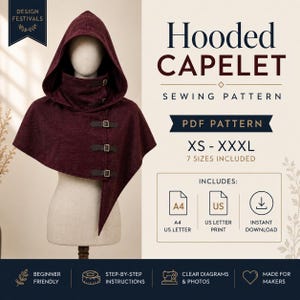 Puede incluir: Un patrón de costura para una capa con capucha de color burdeos oscuro sobre un maniquí. La capa tiene capucha, cuello alto y tres correas de color marrón oscuro con hebillas metálicas. El texto incluye Hooded Capelet Sewing Pattern, PDF Pattern, XS-XXXL, 7 Sizes Included, Includes A4, US Letter Print, Instant Download, Beginner Friendly, Step-by-Step Instructions, Clear Diagrams & Photos, Made for Makers.