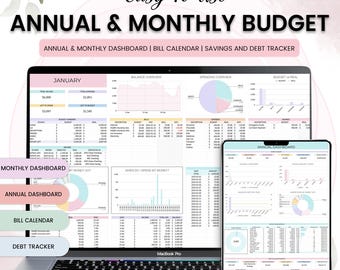 Foglio di calcolo per il budget annuale e mensile Modello di Google Sheet Pianificatore finanziario Saldo del debito Risparmio a valanga Abbonamento Tracker entrate e spese