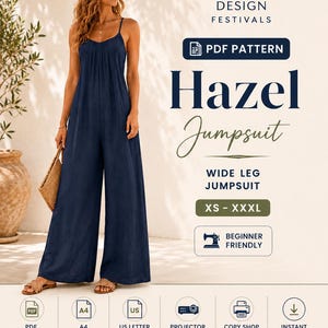 Mönster för jumpsuit med vid ben, Palazzo-jumpsuit i linne, myskläder, avslappnad lös passform, overaller för kvinnor, sparkdräktmönster i PDF-format för nedladdning