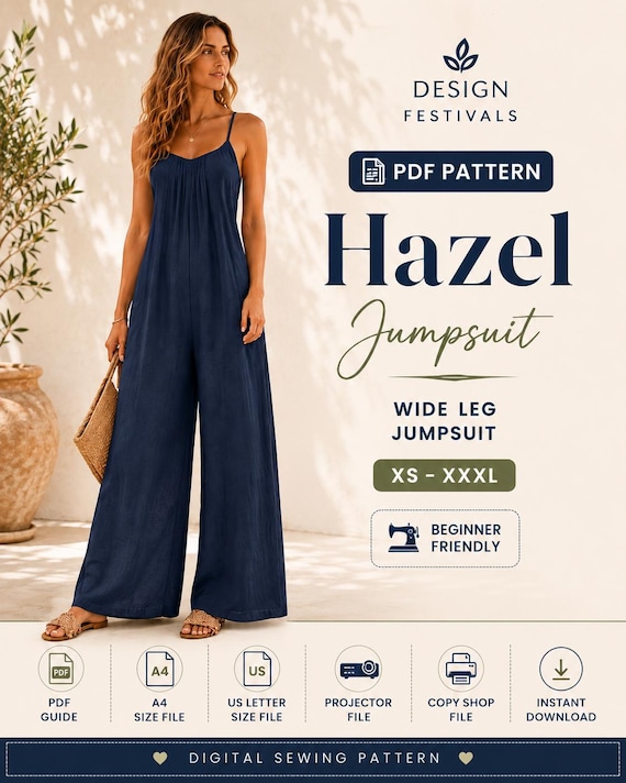 Wide leg jumpsuit sewing pattern Palazzo jumpsuit Linen Lounge wear relaxed loose fit Overalls Women Romper Pattern PDF Download