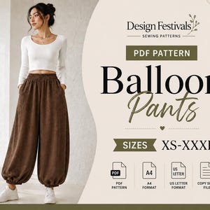 Könnte beinhalten: Ein Schnittmuster für Ballonhosen mit einem weißen Langarm-Oberteil und einer braunen Hose mit hoher Taille und elastischen Bündchen. Der Text lautet Design Festivals Sewing Patterns, PDF Pattern, Balloon Pants, Sizes XS-XXXL, A4, US Letter, Copy Shop File.