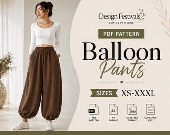 Balloon Pants sewing pattern women Loose Fit Lantern Trousers Baggy Pants Barrel Wide Leg Elastic waist Harem bubble Pants PDF download