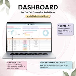 May include: A laptop displaying a task tracker dashboard with charts and tables. The screen shows the text "DASHBOARD" and "See Your Task Progress in a Single Glance". Additional text includes "Available in Google Sheet", "TASK TRACKER", and "TASKS TABLE".