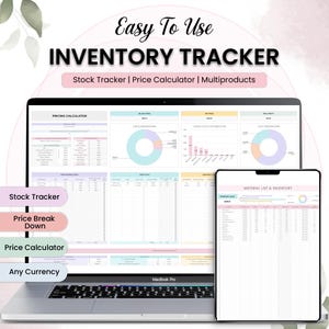 Könnte beinhalten: Ein Laptop und ein Tablet, die eine Inventar-Tracker-Tabelle anzeigen. Der Laptop-Bildschirm zeigt Datendiagramme und -tabellen mit dem Text "Easy To Use INVENTORY TRACKER". Das Tablet zeigt eine Materialliste. Das Design umfasst Pastellfarben.