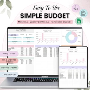 May include: A laptop and tablet showing a simple budget dashboard with charts and tables. The screen displays monthly, weekly, biweekly, and paycheck budget options. Text on the screen includes "Easy To Use" and "Simple Budget."