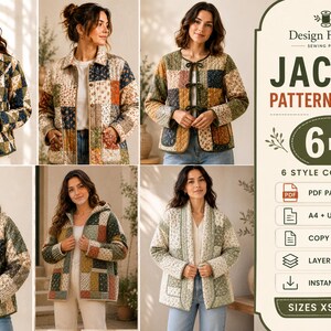 Naaipatronenbundel voor gewatteerde jassen: Damesjas met capuchon en ritssluiting, kraag, patchwork vest, winterjaspatroon (PDF, XS XXXL, digitale download).