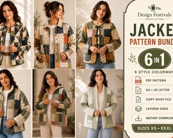 Quilted Jacket Sewing Patterns bundle Women Hooded Zip up Jacket with collar Patchwork Vest Winter Coat Pattern PDF XS XXXL digital download