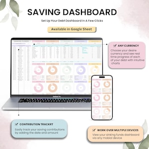 May include: A laptop and smartphone display a financial dashboard with charts and data. The text "SAVING DASHBOARD" and "Available in Google Sheet" are visible. Additional text highlights features like currency tracking and multi-device access.