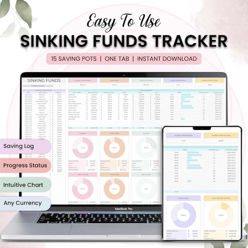 May include: A laptop and tablet display a digital sinking funds tracker. The screen shows a spreadsheet with financial data, charts, and the text "Easy To Use Sinking Funds Tracker." Features include saving logs, progress status, intuitive charts, and any currency.