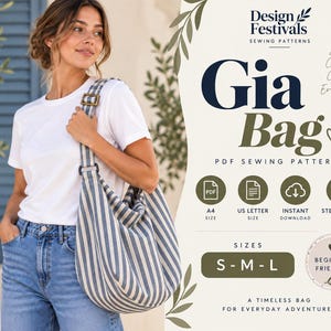 Puede incluir: Un bolso de hombro de tela a rayas azules y blancas con correa ajustable y hebilla de metal. El producto es un patrón de costura en PDF titulado Gia Bag de Design Festivals, que incluye formatos A4 y US Letter, descarga instantánea y guía paso a paso para las tallas S, M y L.