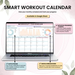 May include: A MacBook Pro displaying a "Smart Workout Calendar" with charts and progress tracking. The screen shows a monthly schedule, daily progress graphs, and muscle breakdown analysis. Text includes "Auto Synced" and "Muscle Breakdown."