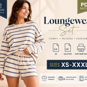 May include: A PDF sewing pattern for a loungewear set featuring a long-sleeved top and shorts with a blue and cream horizontal stripe pattern. The document includes instructions for sizes XS to XXXL, A4, US Letter, and copy shop printing formats.