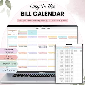 Puede incluir: Un portátil y una tableta que muestran un calendario de facturas. La pantalla del portátil muestra un diseño de calendario mensual con secciones codificadas por colores. La tableta muestra un programa de pagos. El texto en la pantalla incluye "Easy To Use BILL CALENDAR" y "Smart Calendar."
