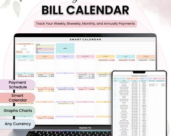 Bill Tracker Spreadsheet Bill Calendar Google Sheets Monthly Smart Bill Planner Payment Dashboard editable budget calendar Personal Finance
