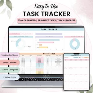 Puede incluir: Un ordenador portátil y una tableta que muestran una interfaz de seguimiento de tareas. La pantalla del portátil muestra gráficos y tablas con detalles de tareas, mientras que la tableta muestra una vista de calendario. El texto incluye "Easy to Use TASK TRACKER".