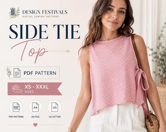 Side Tie Blouse Sewing Pattern Women Top Pattern PDF (XS-XXXL) Peplum Blouse Shirt sewing Pattern For beginners Instant Download