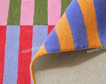 Alfombra tejida a mano / Alfombra geométrica de rayas de colores - Decoración bohemia moderna para sala de estar