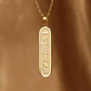 Personalized Hieroglyphic Cartouche Necklace: 14K Gold Plated Egyptian Pendant, Christmas Jewelry