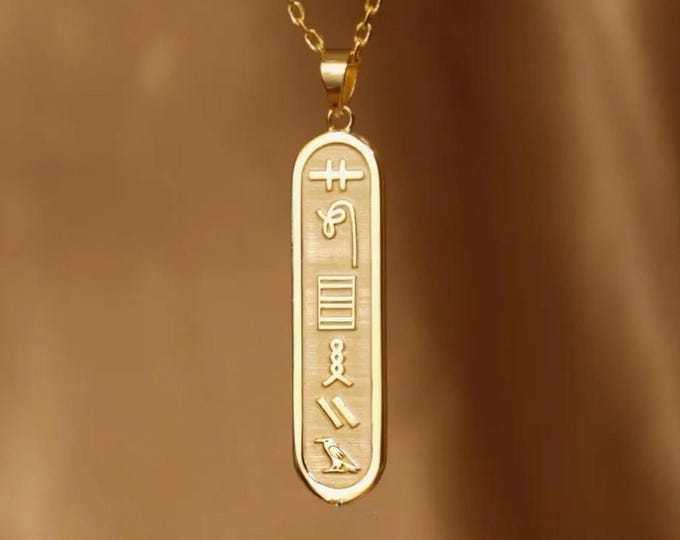 Egypt Custom Jewelry • 18K Solid Gold Cartouche Necklace • Egyptian Hieroglyphic Pendant • Ancient Christmas Mystical