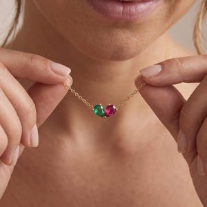 Toi et Moi Necklace • Tiny Heart Birthstone •  Pear Cut • Wife Anniversary • Christmas Keepsakes Jewelry
