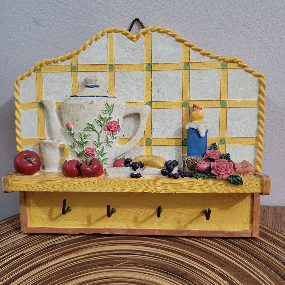 Vintage Kitchen Wall Shelf With Hooks Cottagecore Key Holder Decorative ...