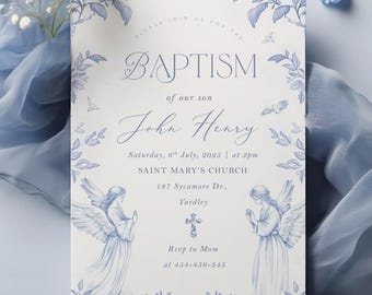 Baptism Invitation Template, Editable Baptism Invite For Boys, Blue Baptism, Baptism Vintage , Baptism Invite Toile Boys Invitation