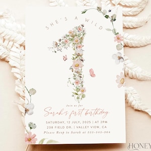 Convite de aniversário Wild One, convite de flores silvestres, convite de primeiro aniversário de flores silvestres, convite para festa de flores silvestres, convite para meninas com flores silvestres
