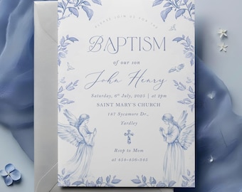 Baptism Invitation Template, Editable Baptism Invite For Boys, Blue Baptism, Christening Invitation, Baptism Invite Toile Boys Vintage