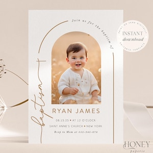 May include: Baptism invitation featuring a smiling baby in a field, framed by an arch. The invitation includes the text "Join us for the baptism of" and details for Ryan James' baptism, including the date, time, and location. The words "Instant Download" are also visible.