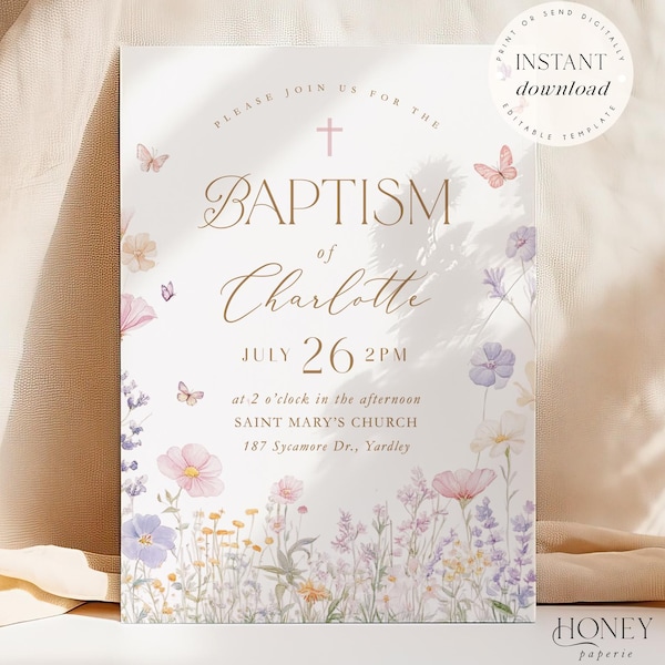 Wildflowers Baptism Invitation Template Girls, Wild flower Floral Baptism Invite, Girl Baptism Invitation Baptism Christening Invite flowers