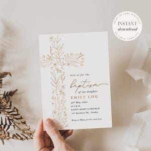 May include: A cream-coloured baptism invitation featuring a floral cross design. The text reads "Join us for the baptism of our daughter EMILY LOU" with date, time, and location details. The words "Instant Download" are also visible.