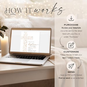 May include: A laptop screen shows a baptism invitation with a gold floral cross design. The text "HOW IT works" is at the top, with instructions for purchasing, customising, and sending the invitation. The laptop is on a white surface.