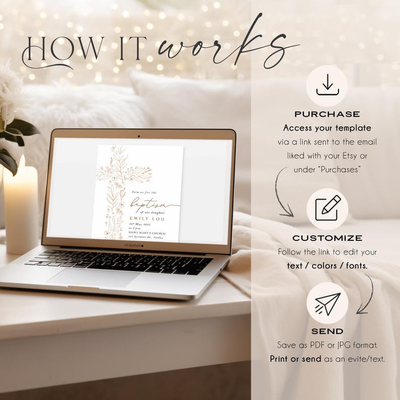 May include: A laptop screen shows a baptism invitation with a gold floral cross design. The text "HOW IT works" is at the top, with instructions for purchasing, customising, and sending the invitation. The laptop is on a white surface.