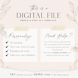 May include: A digital file template with the text "This is a DIGITAL FILE" and "SIMPLE & EASY DIY TEMPLATE". The image includes sections for personalization and help, with a demo link in the description.