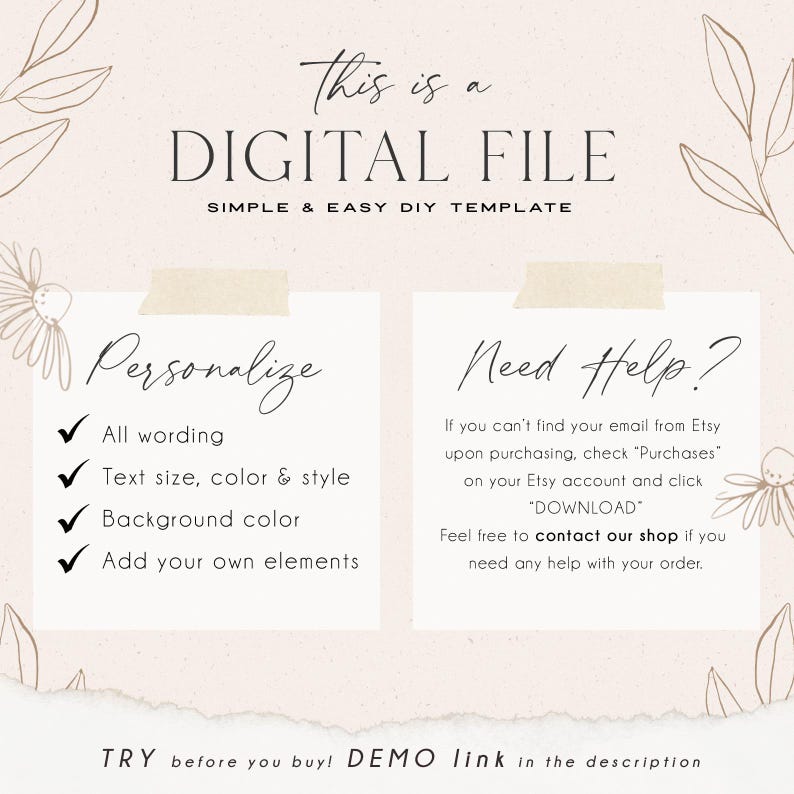 May include: A digital file template with the text "This is a DIGITAL FILE" and "SIMPLE & EASY DIY TEMPLATE". The image includes sections for personalization and help, with a demo link in the description.