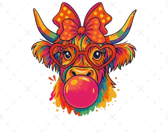 Coquette Highland Cow T-Shirt Design: Bubblegum Clipart (PNG, Instant Download