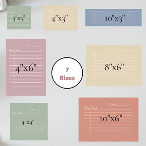 May include: A collection of seven different-sized, lined notepads in various pastel colors, including green, beige, pink, and blue. Each notepad displays dimensions in inches, such as 3"x3", 4"x3", and 10"x6". The notepads have sections for "Done | Task" and "Date".