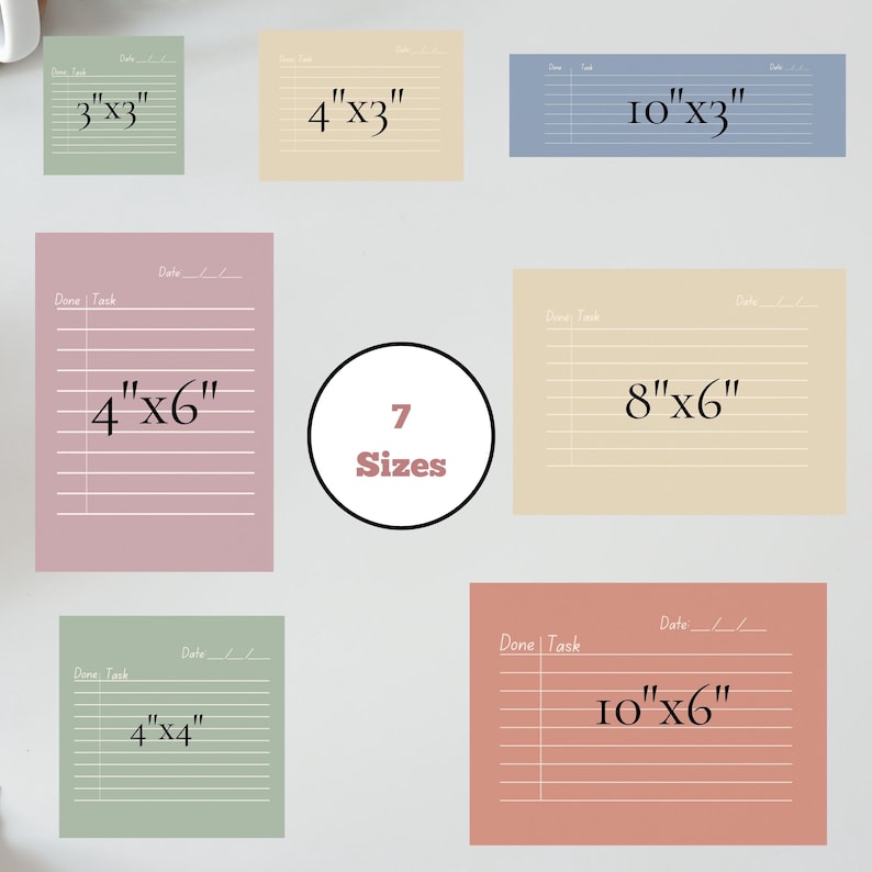 May include: A collection of seven different-sized, lined notepads in various pastel colors, including green, beige, pink, and blue. Each notepad displays dimensions in inches, such as 3"x3", 4"x3", and 10"x6". The notepads have sections for "Done | Task" and "Date".