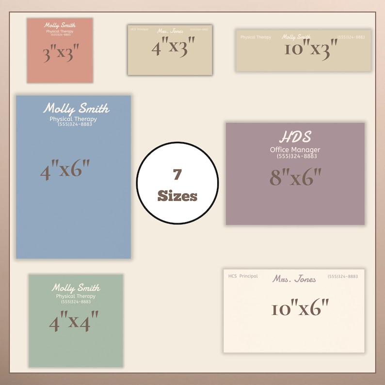 May include: A collection of seven business card sizes in various colors, including pink, beige, blue, and mauve. The cards display names, titles, and contact information, with dimensions ranging from 3"x3" to 10"x6".