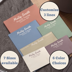 May include: A collection of business cards in various colors, including peach, blue, and green. Each card features the name "Molly Smith," the title "Physical Therapy," and a phone number. The image also highlights customization options.