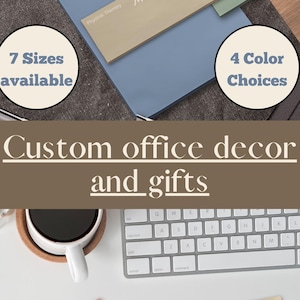 May include: Custom office decor and gifts. The image shows personalized office items in various colors, including pink, blue, and green. The text on the items reads "Molly Smith, Physical Therapy (555)324-883". The image also highlights "7 Sizes available" and "4 Color Choices".