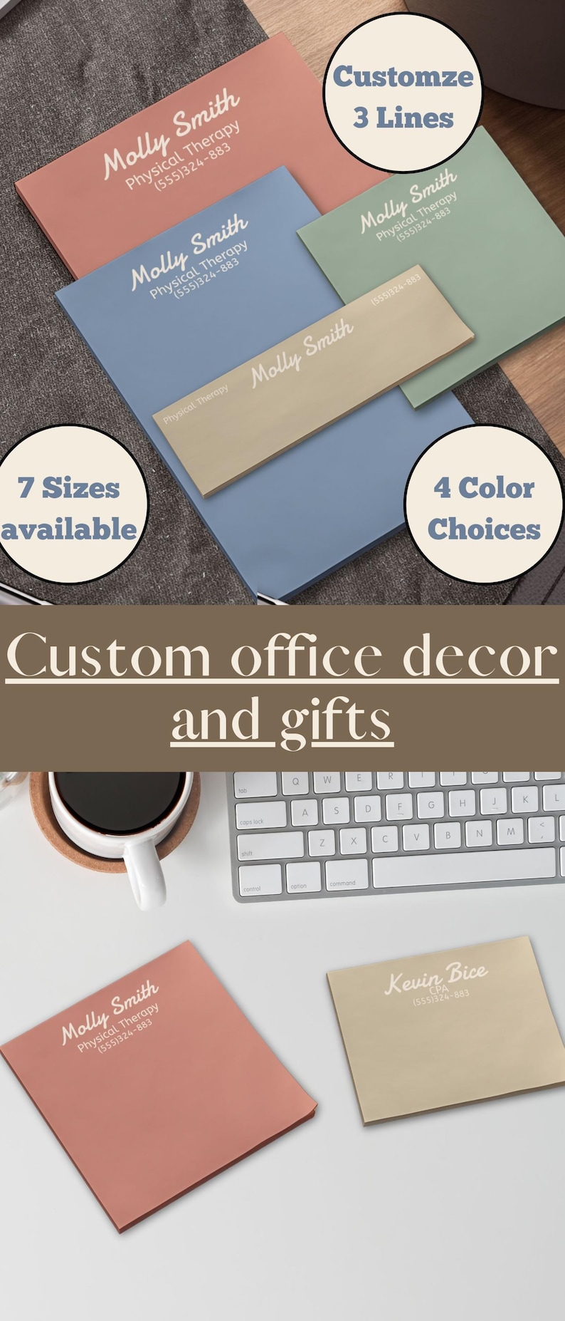May include: Custom office decor and gifts. The image shows personalized office items in various colors, including pink, blue, and green. The text on the items reads "Molly Smith, Physical Therapy (555)324-883". The image also highlights "7 Sizes available" and "4 Color Choices".