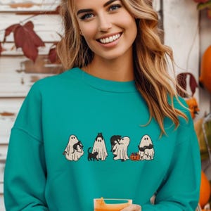 Halloween Embroidered Sweatshirt, Ghost and Black Cat Design, Spooky Cute Fall Sweatshirt, Cat Mom Halloween Shirt, Embroidery Sweatshirt,